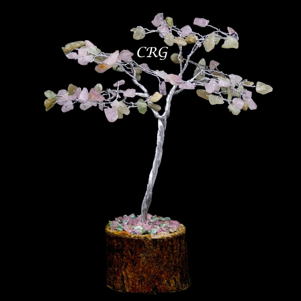 SET OF 4 -Rose/Green Quartz - 100 Gemstone Chip Tree w/ Wood Base - Silver Wire