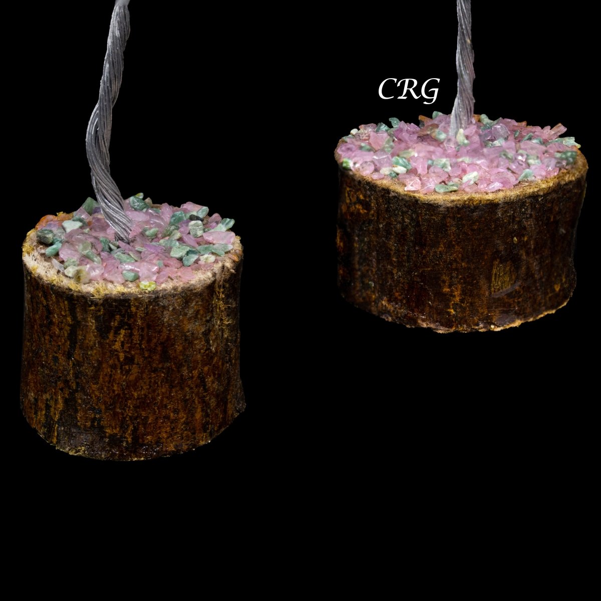 SET OF 4 -Rose/Green Quartz - 100 Gemstone Chip Tree w/ Wood Base - Silver Wire
