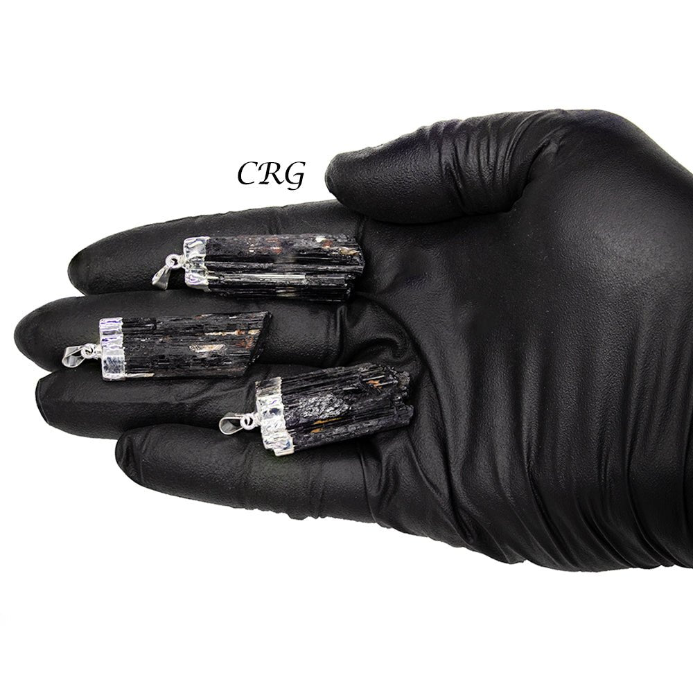 SET OF 4 - Rough Black Tourmaline Pendant with Silver Plating / 1-2" AVG