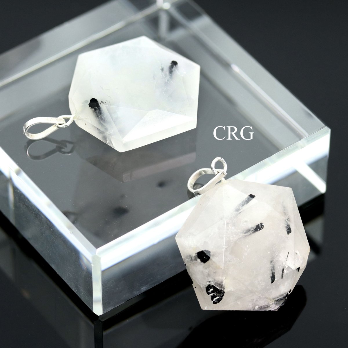 SET OF 4 - Rutilated Quartz Faceted Hexagon Pendant w/ Silver Bail / 1" Avg