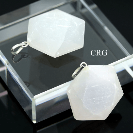 SET OF 4 - Selenite Faceted Hexagon Pendant with Silver Bail / 1" AVG
