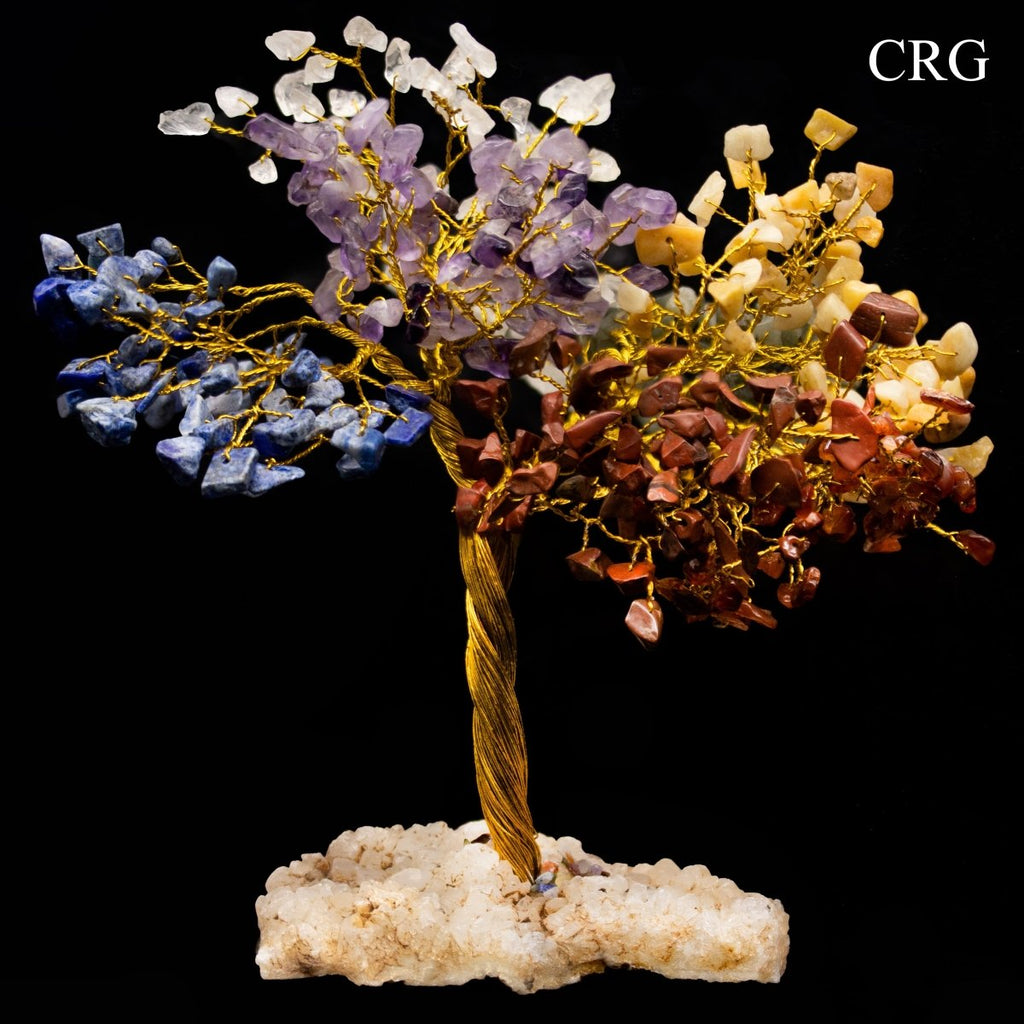 SET OF 4 -Seven Stone - 500 Gemstone Chip Tree w/ Cluster Base - Gold Wire