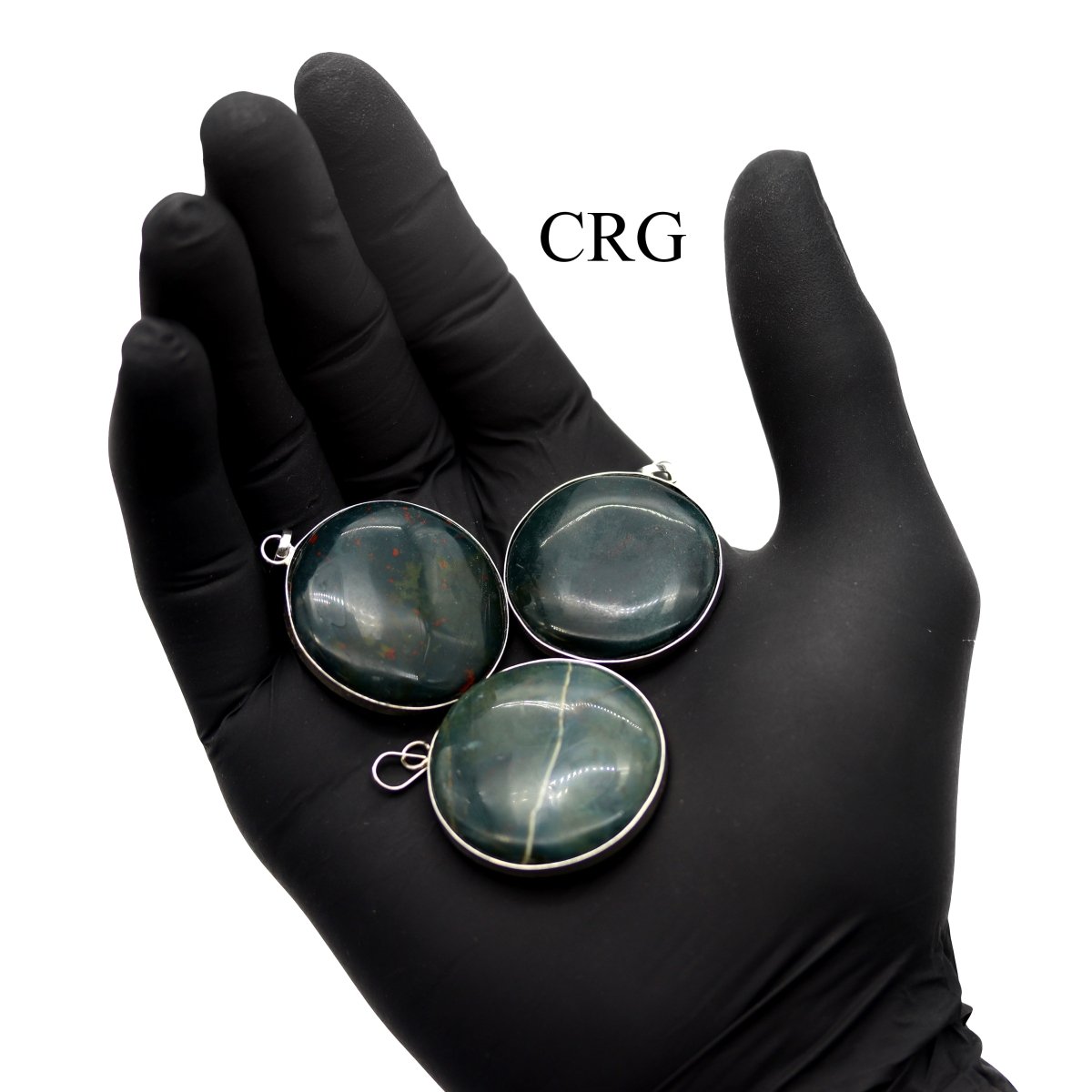 SET OF 4 - Silver-Plated Bloodstone Round Cabochon Pendant / 1" AVG