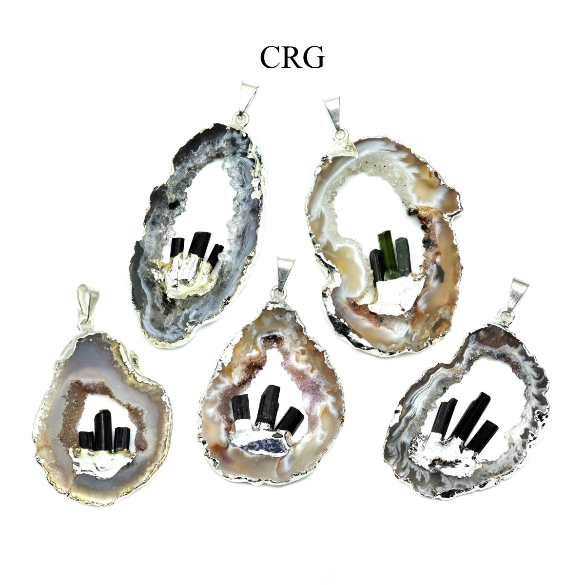 Oco Geode Silver Plated Pendant with Black Tourmaline Rods (1.5 To 2 Inches) (4 Pieces)