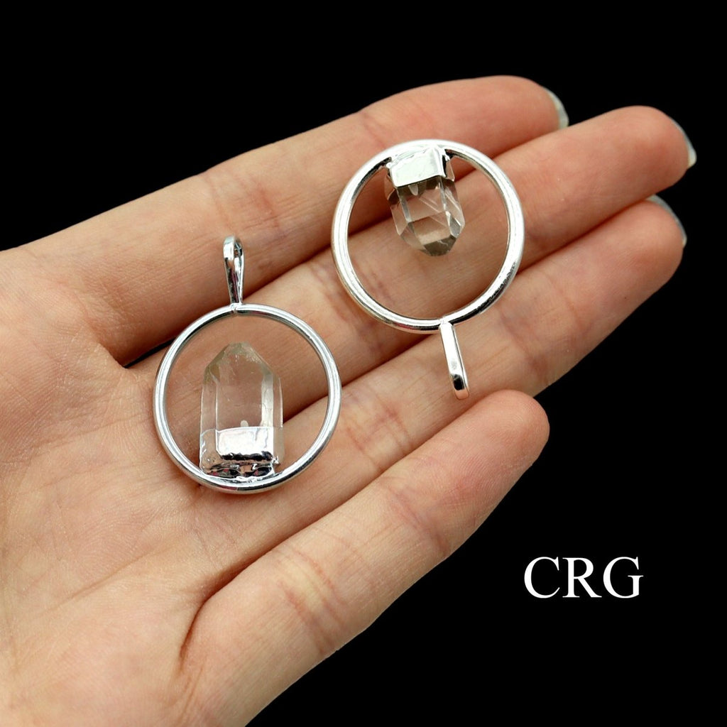 SET OF 4 - Silver Plated Ring Pendant with Quartz Point / 1-2" AVG
