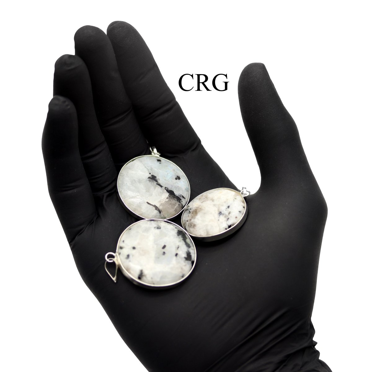 SET OF 4 - Silver Plated Round Rainbow Moonstone Cabochon Pendant / 1" AVG