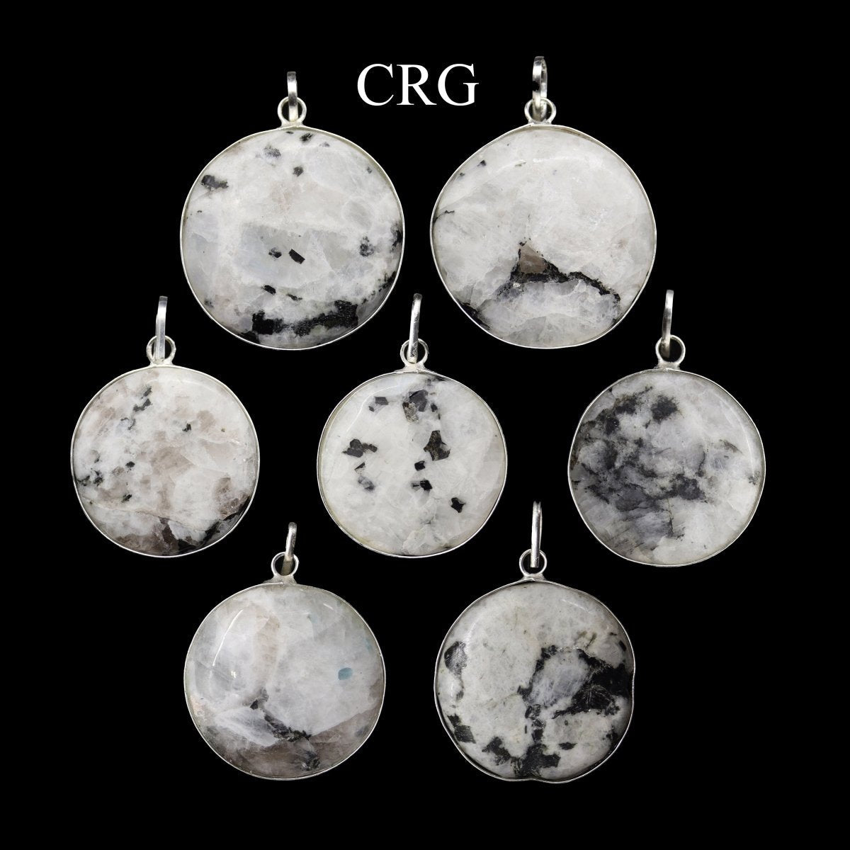 SET OF 4 - Silver Plated Round Rainbow Moonstone Cabochon Pendant / 1" AVG