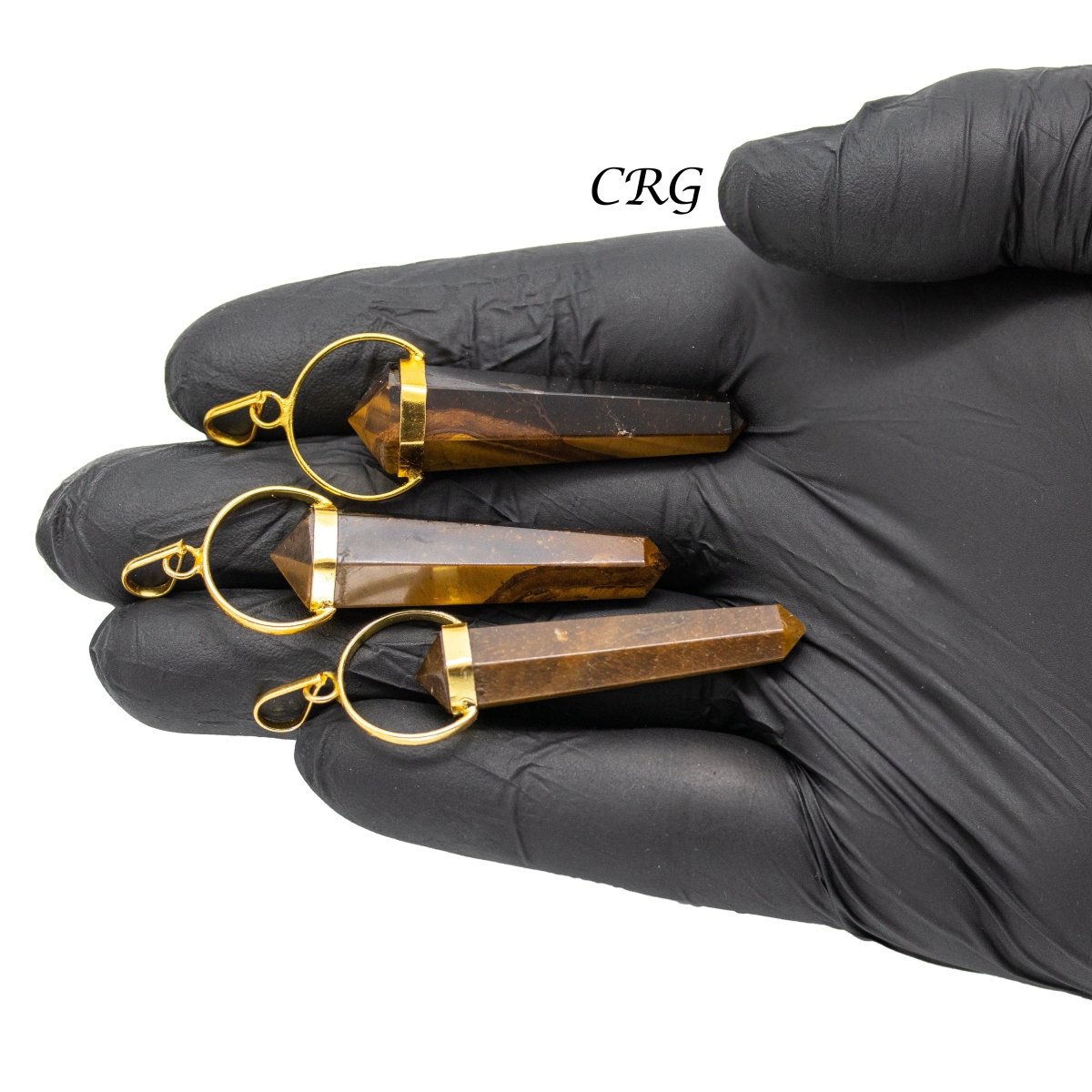 SET OF 4 - Tiger Eye Double Terminated Point Pendant w/ Gold Plating / 1" Avg