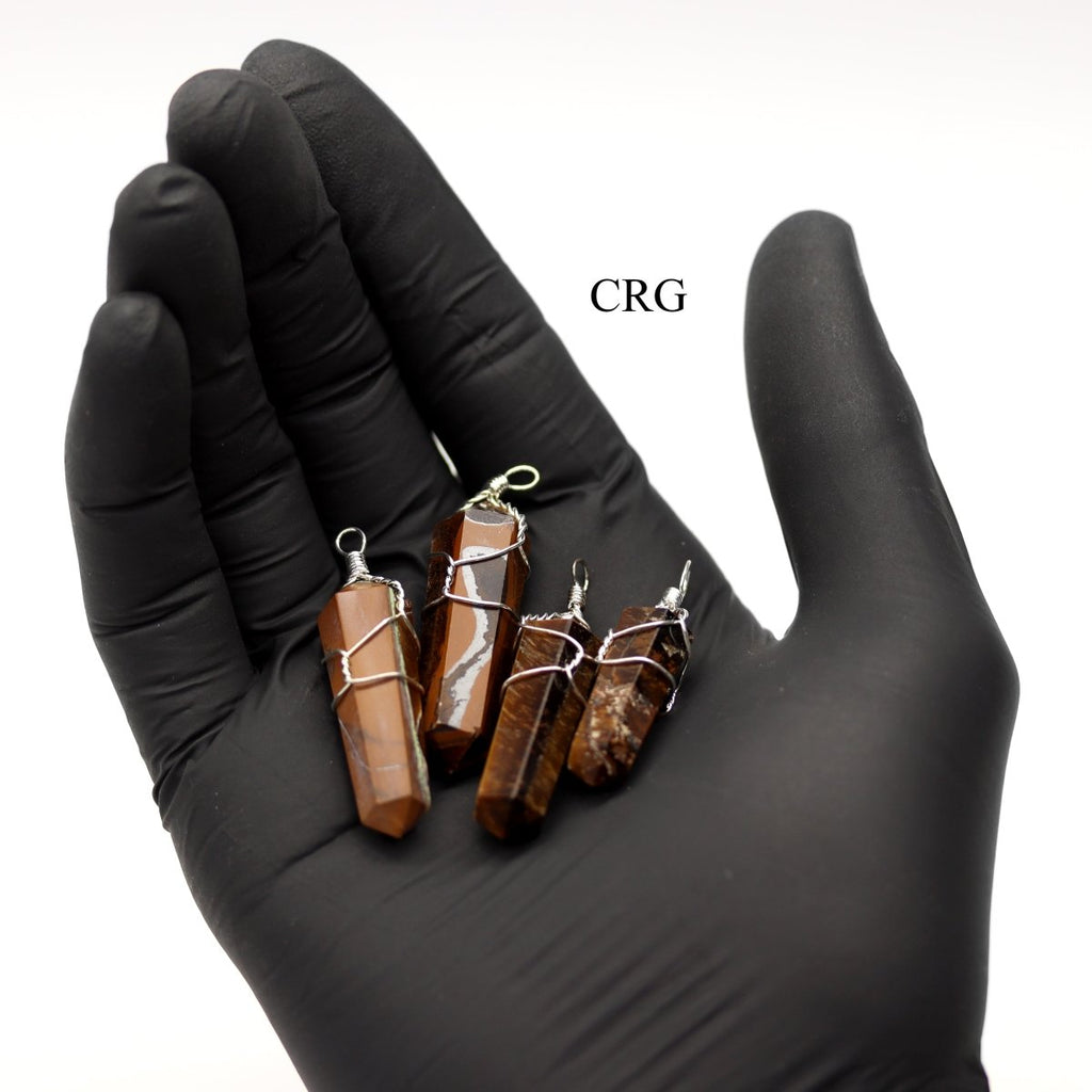 SET OF 4 - Tiger's Eye Double Terminated Point Pendant with Silver Wire / 1" AVG