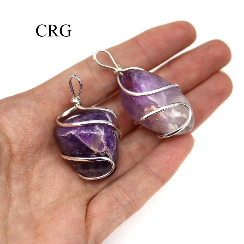 SET OF 4 - Tumbled Amethyst Pendant with Silver Plated Wire / 1" AVG