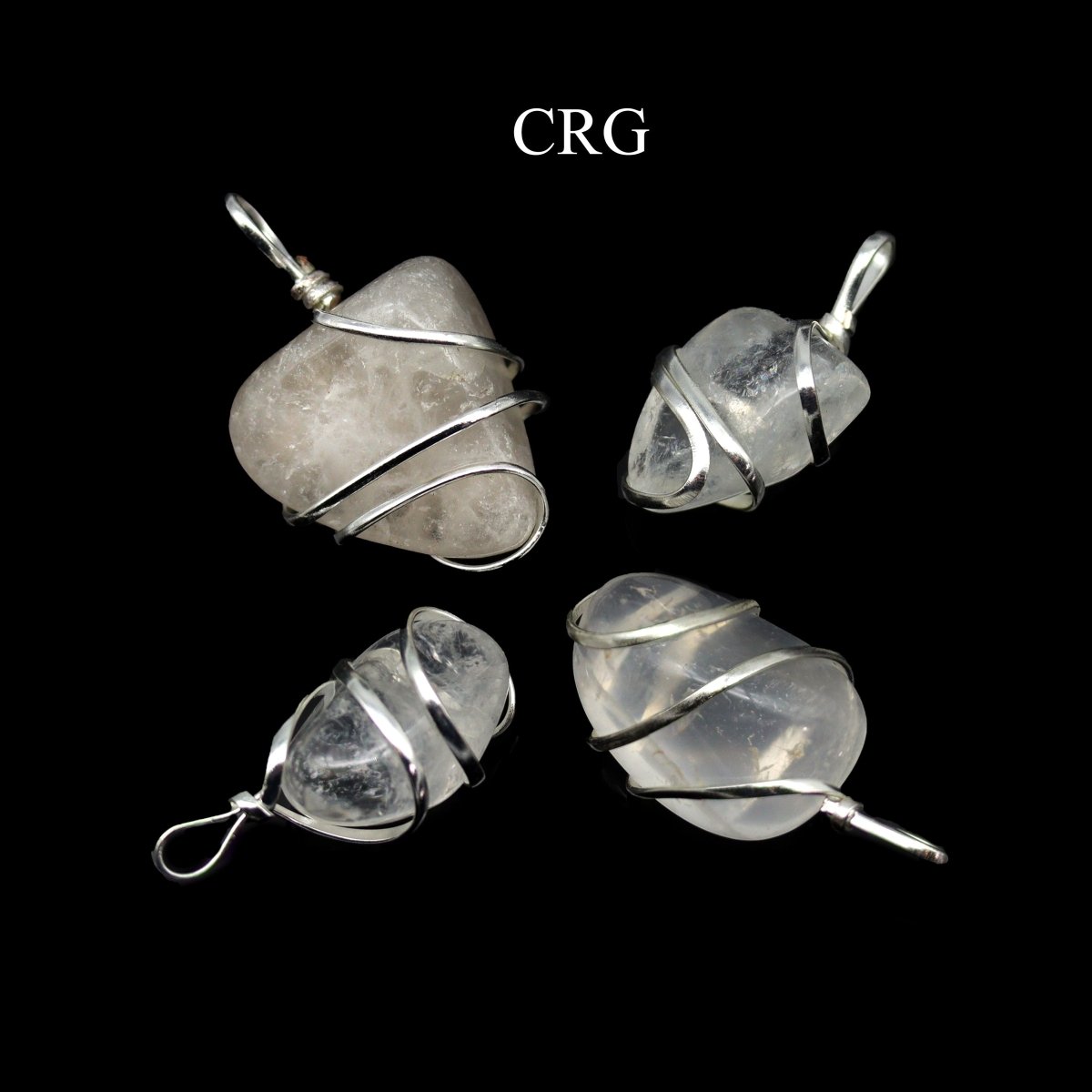 SET OF 4 - Tumbled Crystal Quartz Pendant with Silver Wire / 1" AVG