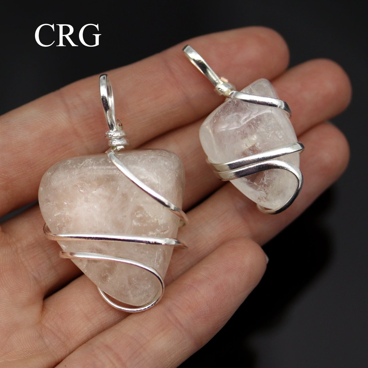 SET OF 4 - Tumbled Crystal Quartz Pendant with Silver Wire / 1" AVG