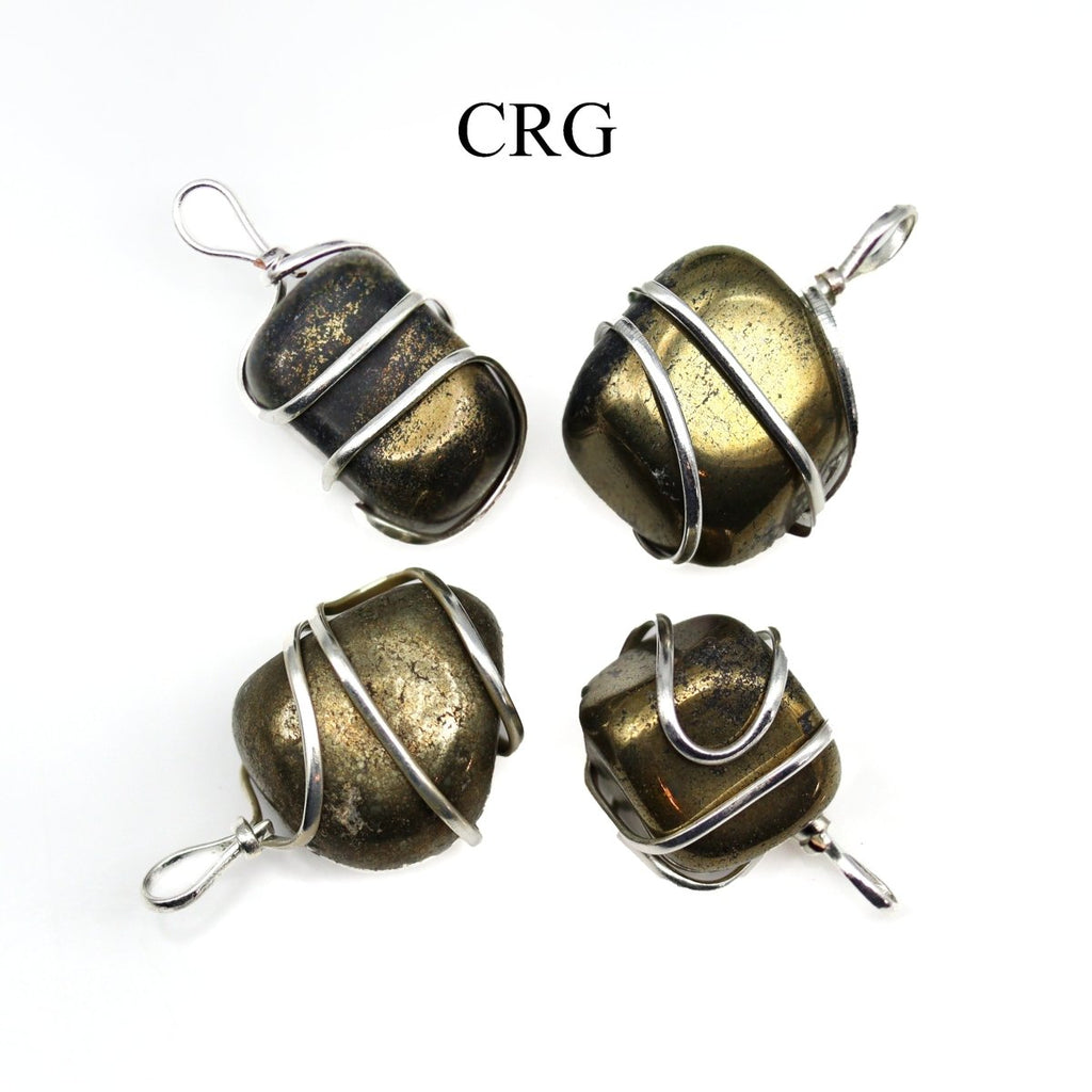SET OF 4 - Tumbled Iron Pyrite Pendant with Silver Plated Wire / 1" AVG