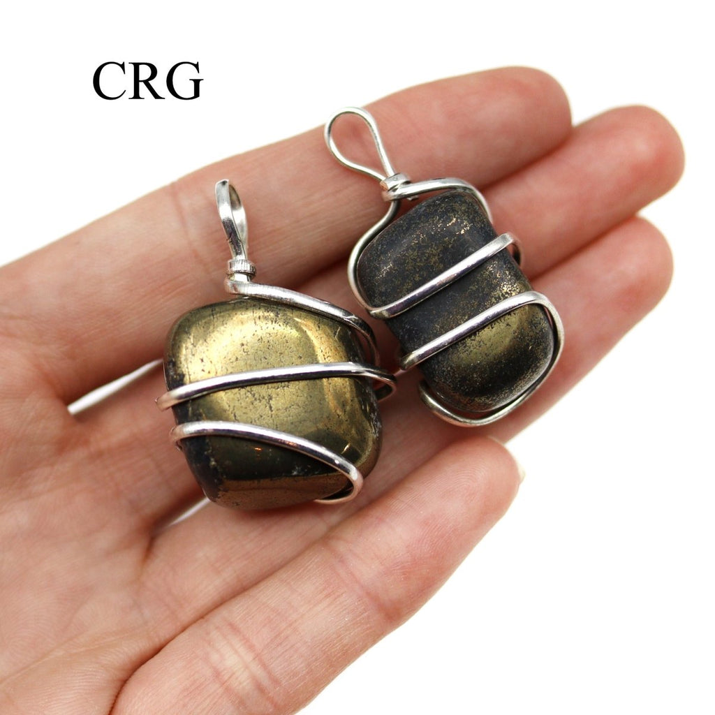 SET OF 4 - Tumbled Iron Pyrite Pendant with Silver Plated Wire / 1" AVG