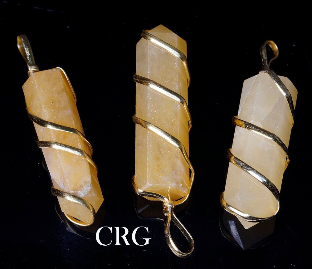 Yellow Quartz Pencil Point Pendant w/ Gold Wire Wrapping - 1" - Set of 4 (INJD)