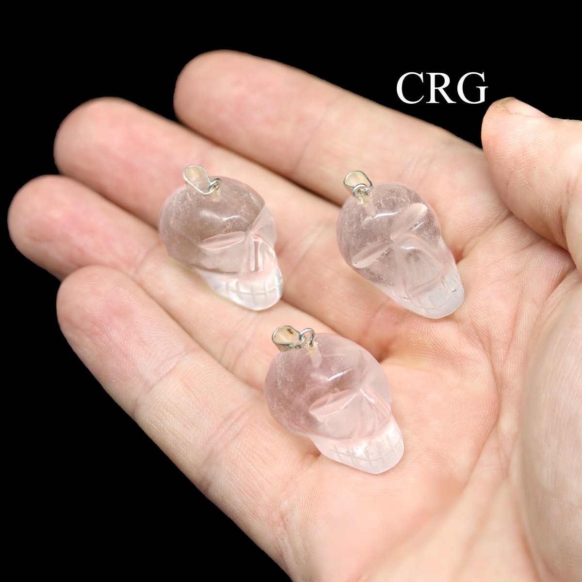 SET OF 5 - Crystal Quartz Gemstone Skull Pendants with Silver Plated Bail / 30mm AVG