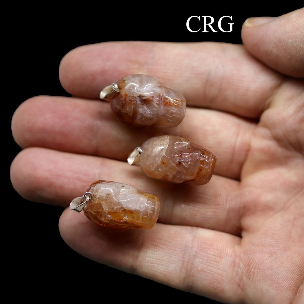 SET OF 5 - Golden Healer Quartz Gemstone Skull Pendants with Silver Plated Bail / 30mm AVG