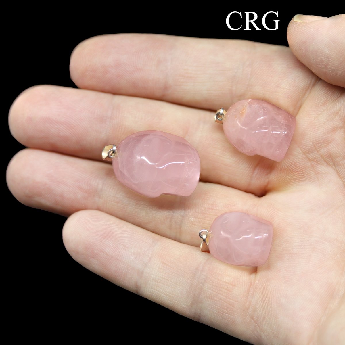 SET OF 5 - Rose Quartz Gemstone Skull Pendants with Silver Plated Bail / 30mm AVG