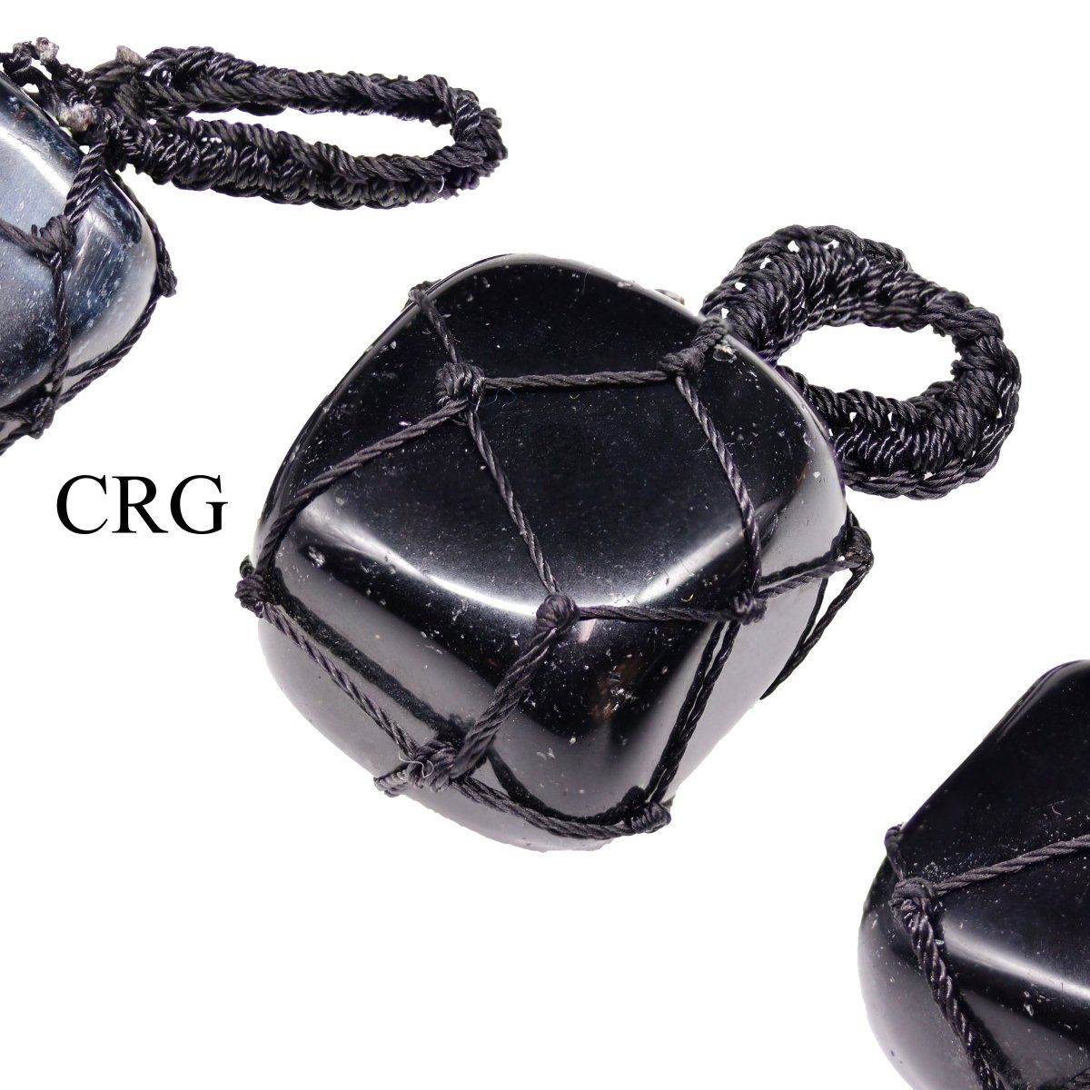 SET OF 5 - Tumbled Black Tourmaline Pendant with Macramé / 1" AVG