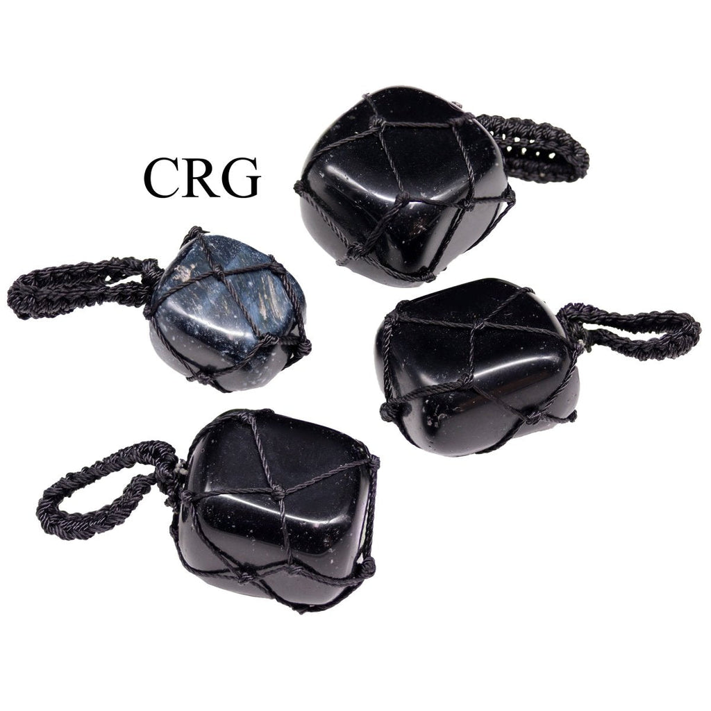 SET OF 5 - Tumbled Black Tourmaline Pendant with Macramé / 1" AVG