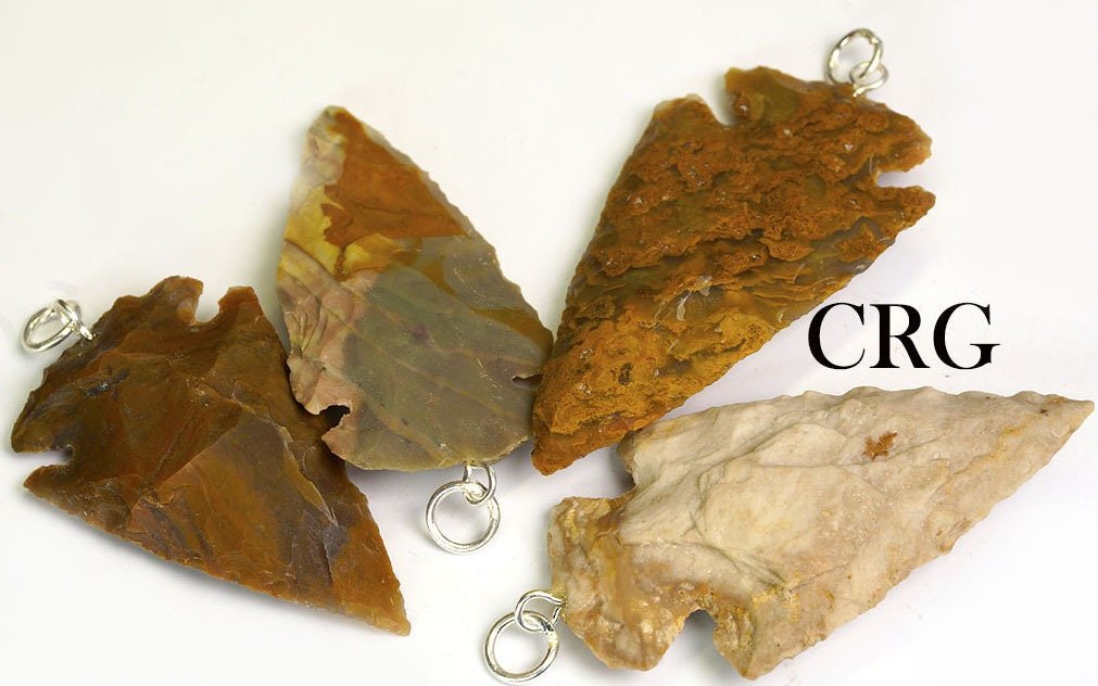 SET OF 6 - Fancy Jasper Arrowhead Pendant w Silver Plated Bail Bulk Wholesale Crystal 1.5" avg. (INJD)