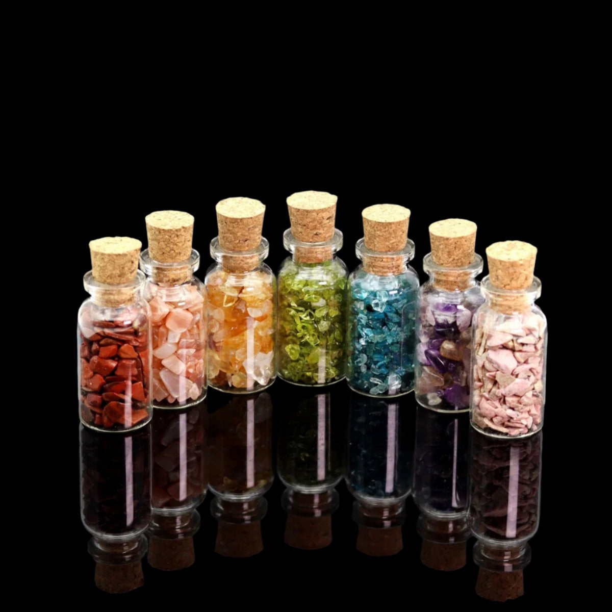 SET OF 7 - Rainbow Gemstone Chip Bottle Set Collection / 3" AVG