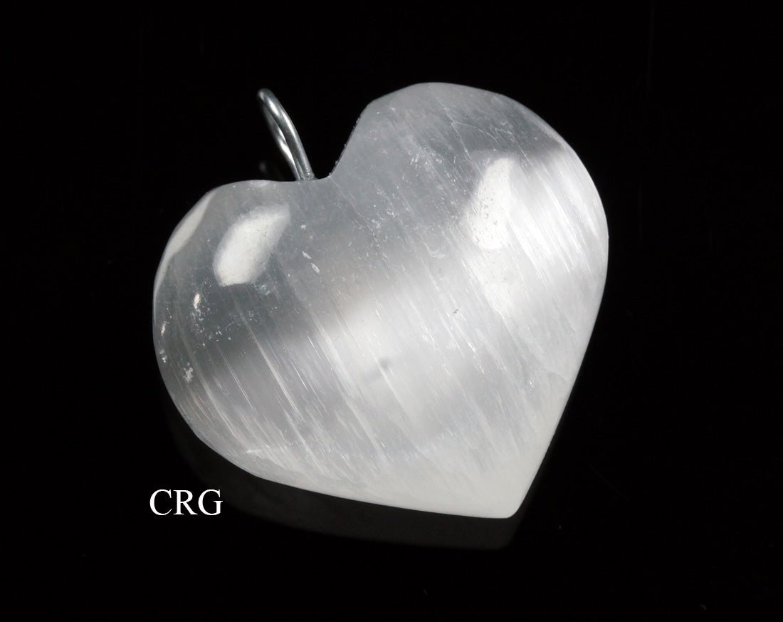 White Selenite Heart Pendant with Silver Plated Bail (0.5 To 1 Inch) (8 Pieces)