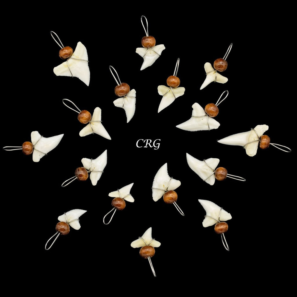 Shark Tooth Pendant with Wood Bead and Silver Wiring (4 Pieces) Size 15 mm Jewelry Charm