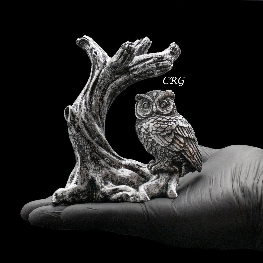 Silver Owl and Branch Sphere Holder Stand (1 Piece) Size 4.5 Inches Carving Display