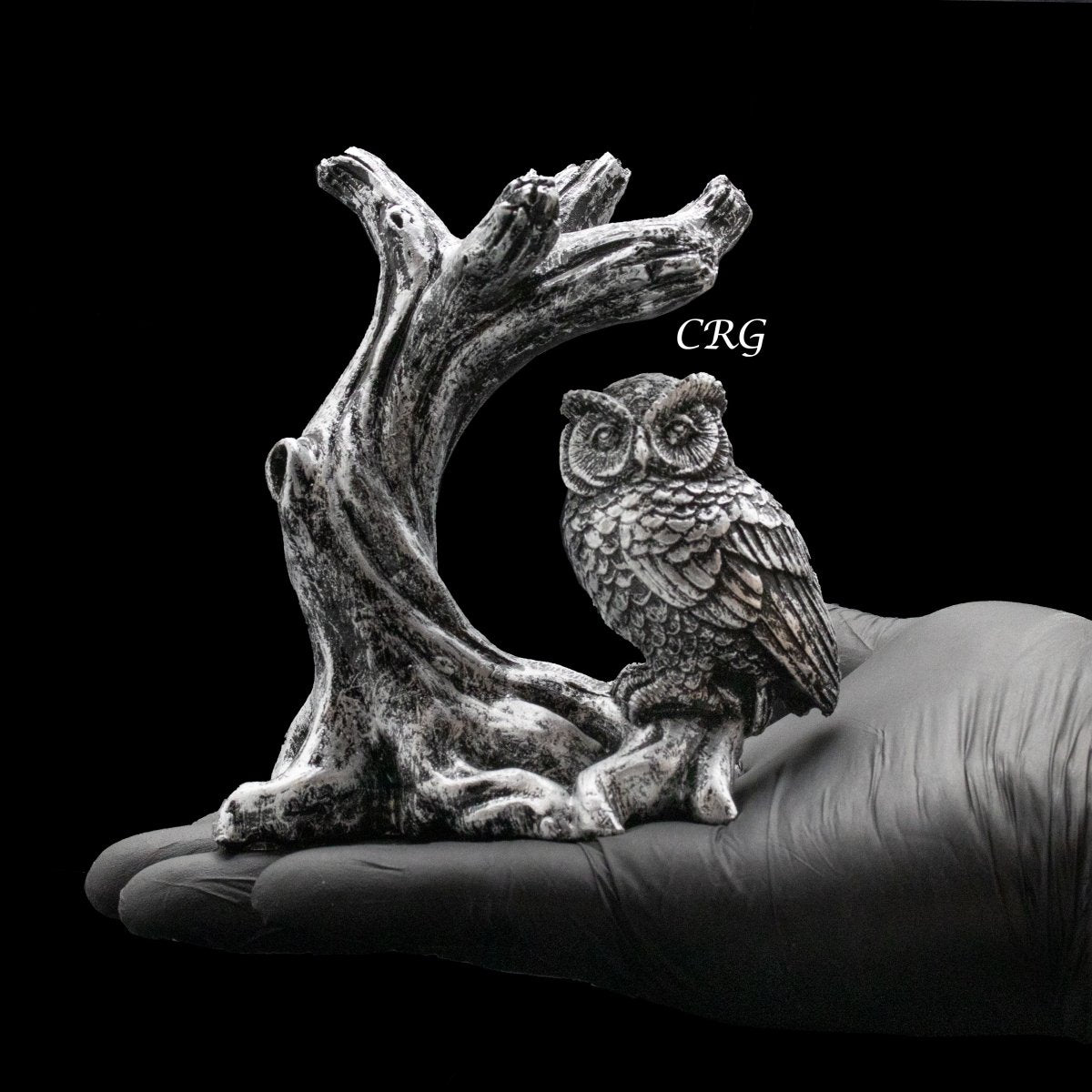 Silver Owl and Branch Sphere Holder Stand (1 Piece) Size 4.5 Inches Carving Display