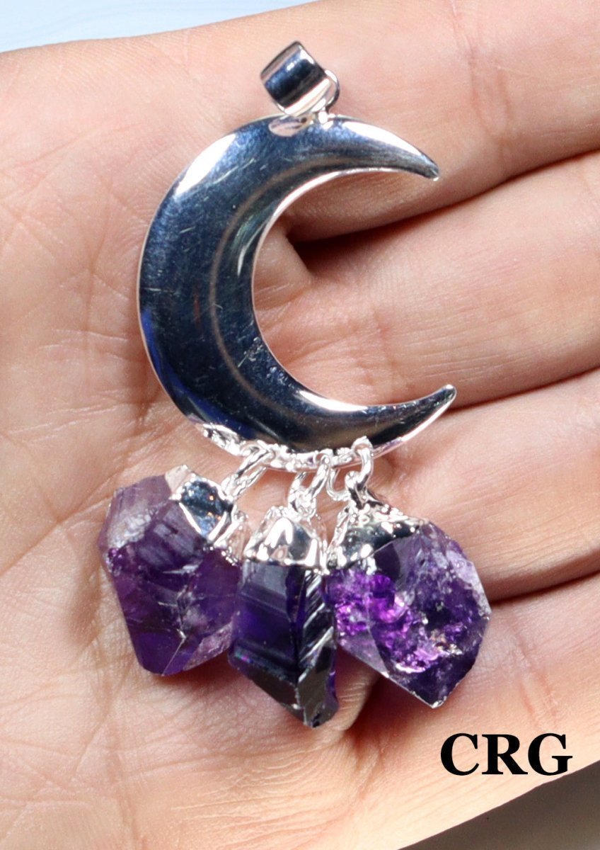Silver Plated Crescent Moon Pendant with Amethyst Points (2.75 Inches) (1 Piece)