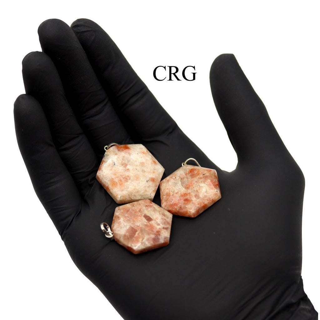 Sunstone Hexagon Pendants (1 Inch) (4 Pcs) Small Silver-Plated Faceted Hexagon Pendants (INJD)