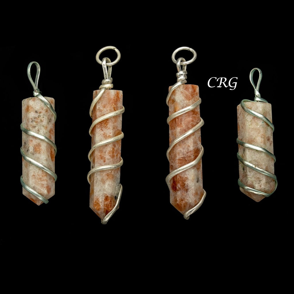 Sunstone Pencil Point Pendant with Silver Wire Wrapping  (1 inch) (4 Pcs) (INJD)