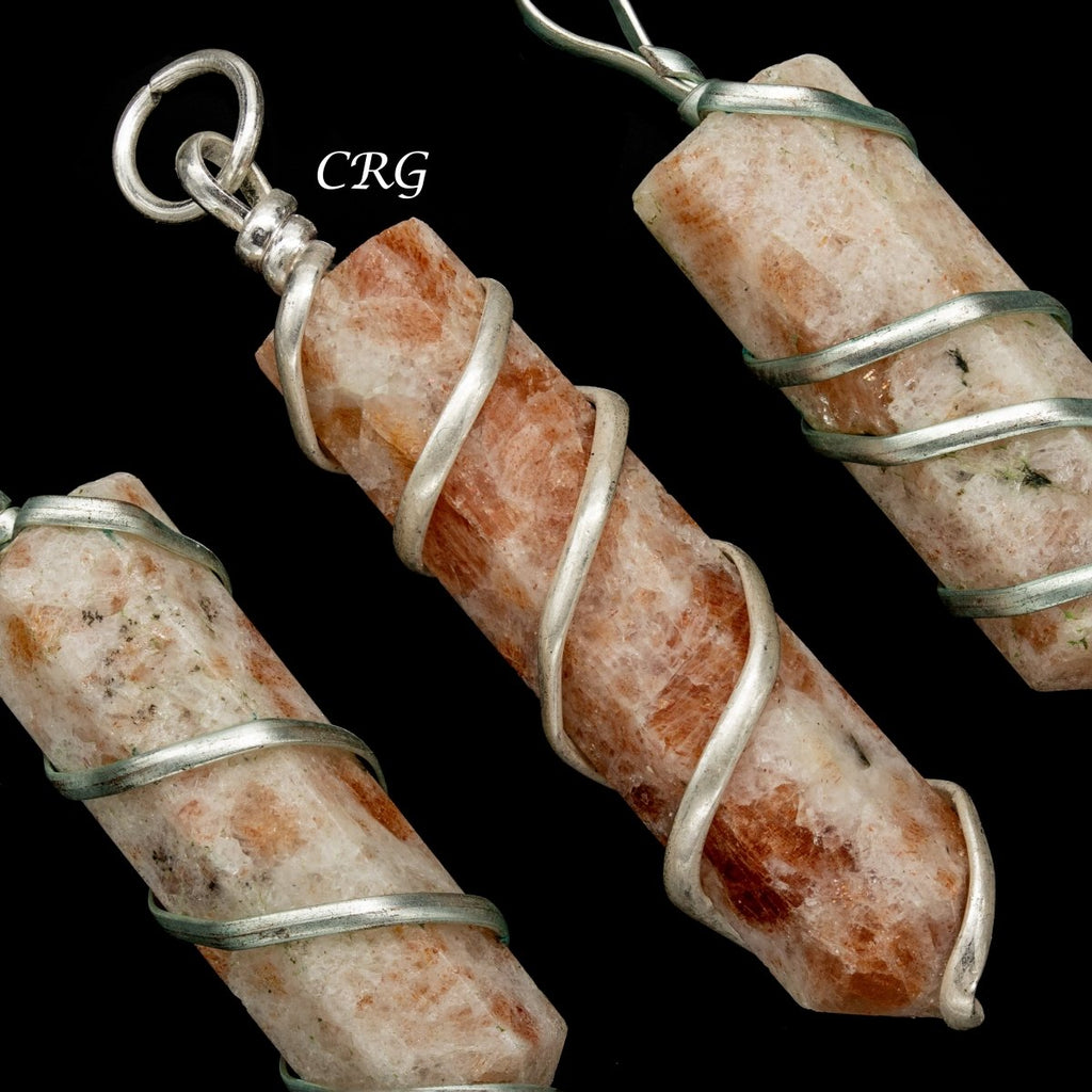 Sunstone Pencil Point Pendant with Silver Wire Wrapping  (1 inch) (4 Pcs) (INJD)