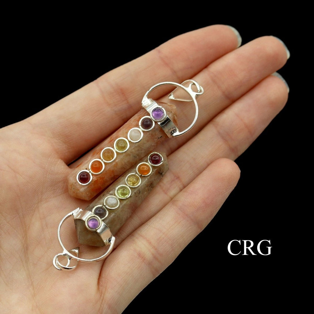 Sunstone Small Point Pendant with Silver Plating and 7 Stone Detail (1.5 Inches) (4 Pcs) (INJD)