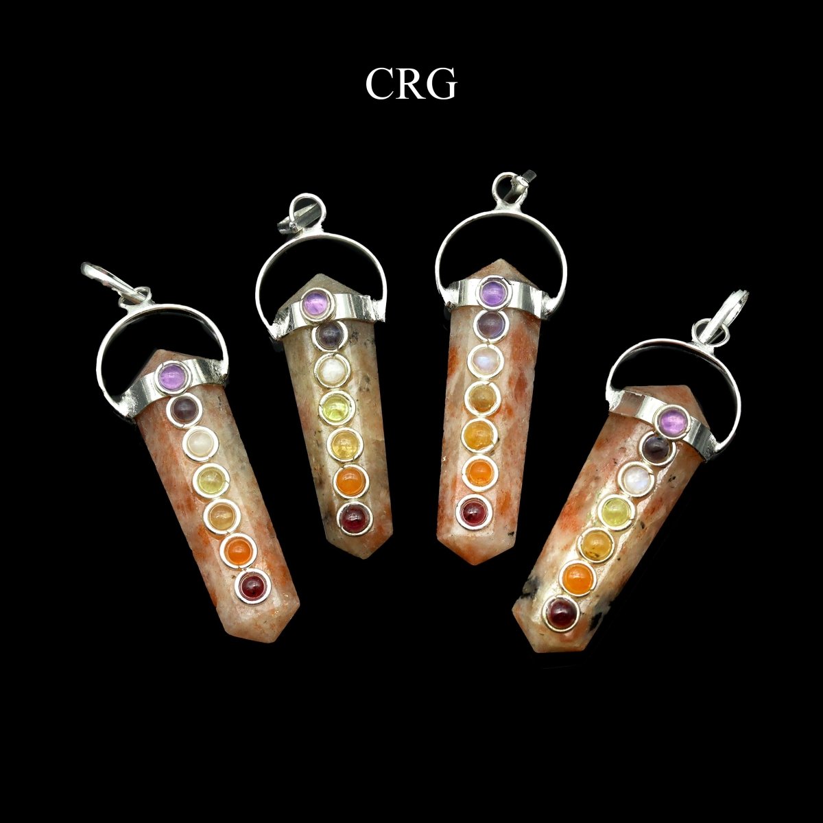 Sunstone Small Point Pendant with Silver Plating and 7 Stone Detail (1.5 Inches) (4 Pcs) (INJD)