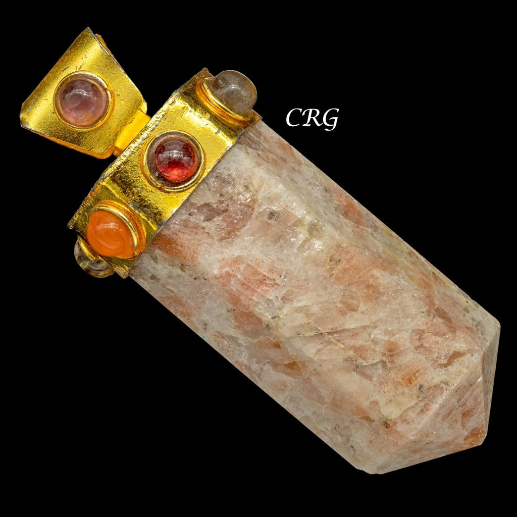 Sunstone Thick Point Pendant with Gold Plated 7 Stone Cap (2 Inches) (1 Piece) (INJD)