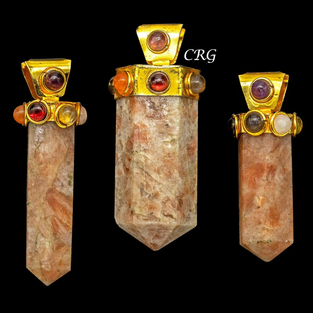 Sunstone Thick Point Pendant with Gold Plated 7 Stone Cap (2 Inches) (1 Piece) (INJD)