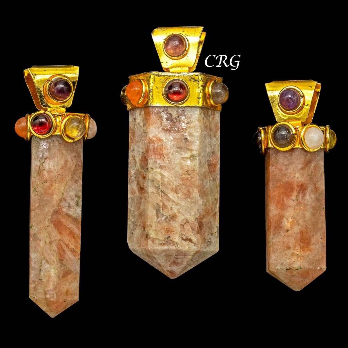 Sunstone Thick Point Pendant with Gold Plated 7 Stone Cap (2 Inches) (1 Piece) (INJD)