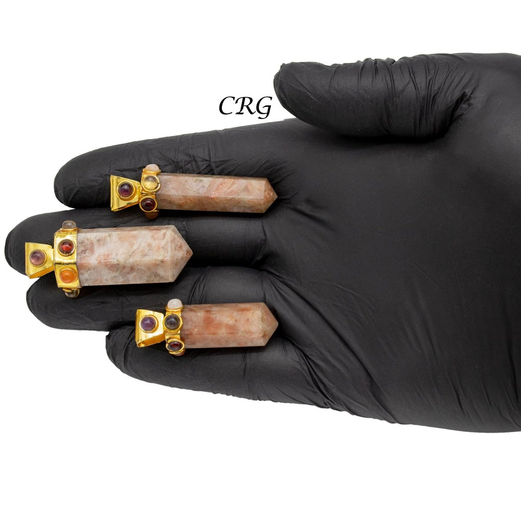 Sunstone Thick Point Pendant with Gold Plated 7 Stone Cap (2 Inches) (1 Piece) (INJD)