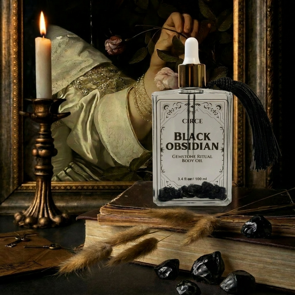 Black Obsidian Gemstone Body Oil — Protection & Grounding Shimmer Oil with Amber & Vanilla