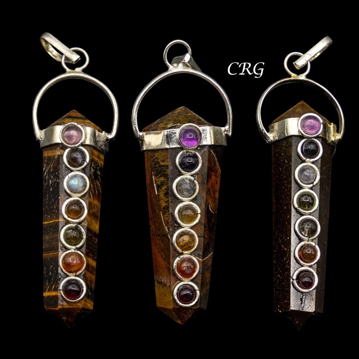 Tiger's Eye Double Terminated Point Silver Plated Pendant with 7 Stone Overlay (1.5 Inches) (INJD)