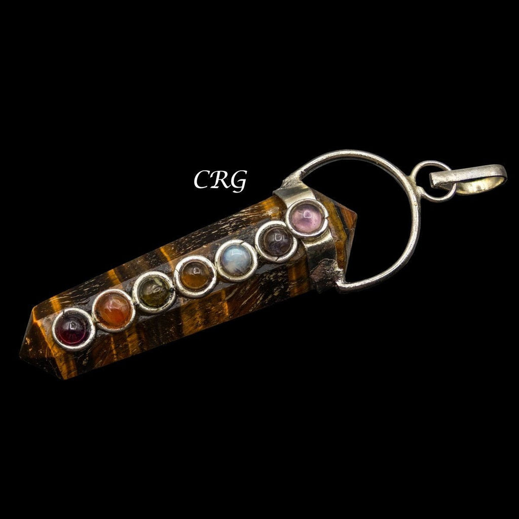 Tiger's Eye Double Terminated Point Silver Plated Pendant with 7 Stone Overlay (1.5 Inches) (INJD)