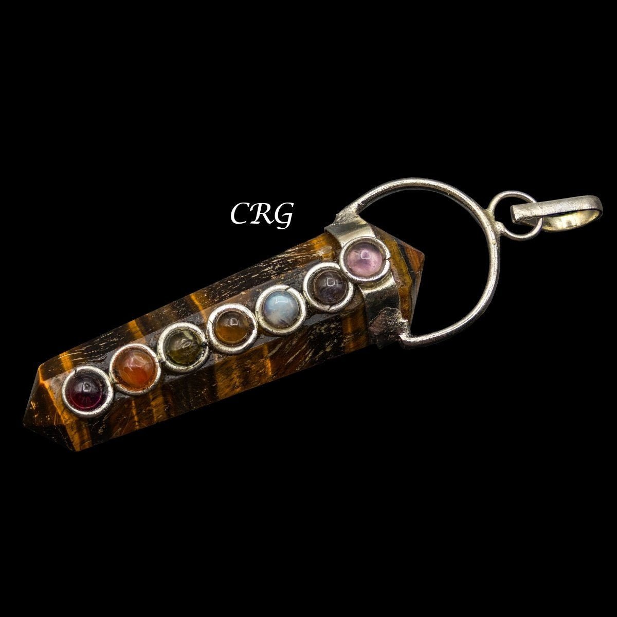 Tiger's Eye Double Terminated Point Silver Plated Pendant with 7 Stone Overlay (1.5 Inches) (INJD)