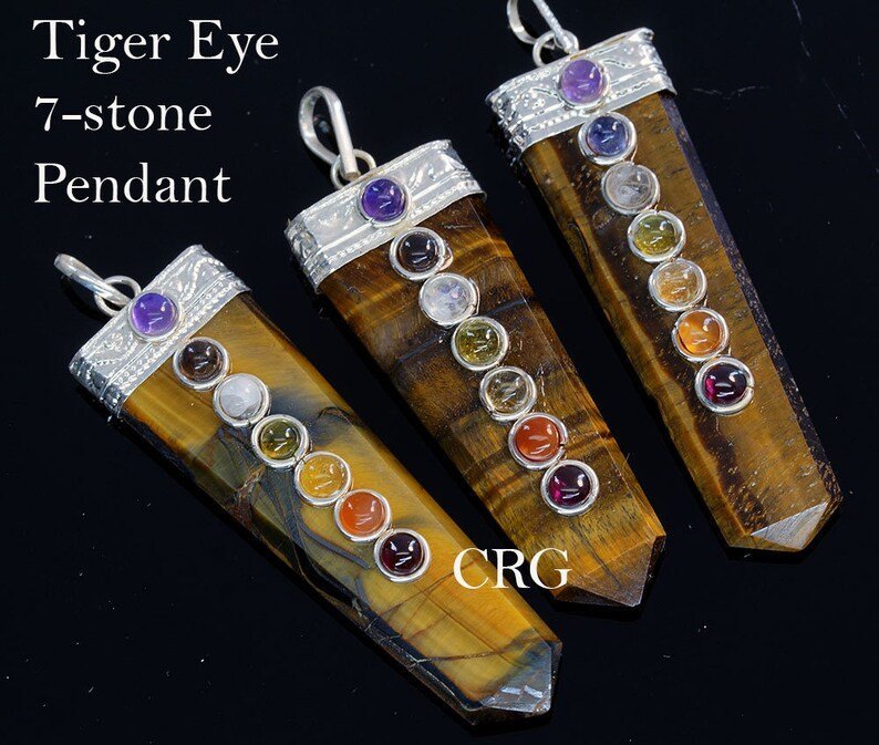 Tiger's Eye Flat Point Silver Plated Pendant with 7 Stone Overlay (2.5 Inches) (1 Piece) (INJD)