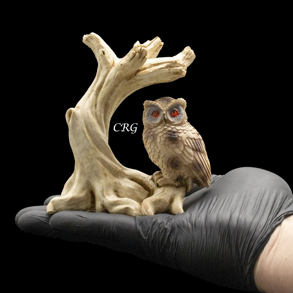 White Owl and Branch Sphere Holder Stand (1 Piece) Size 4.5 Inches Carving Display