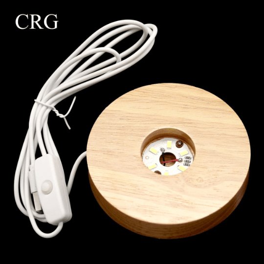 Wood Base Round White LED Display Light with USB Plug (1 Piece) Size 4 Inches Decor Lamp