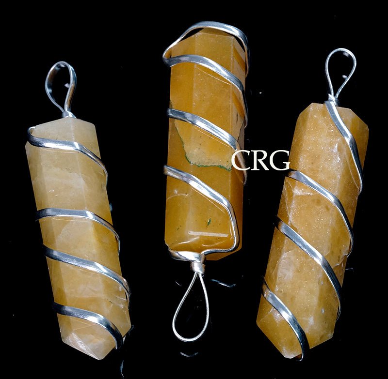 Yellow Quartz Point Pendant with Silver Spiral Wrapping (4 Pieces) Size 2 Inches
